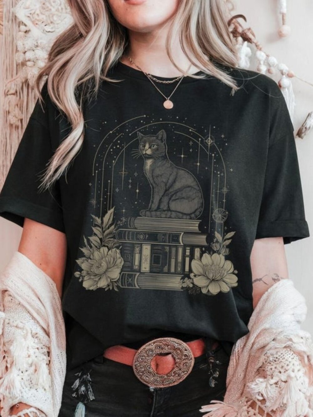 Gothic Cottagecore Cat Graphic Tee, Witchy Bookworm Moon Shirt